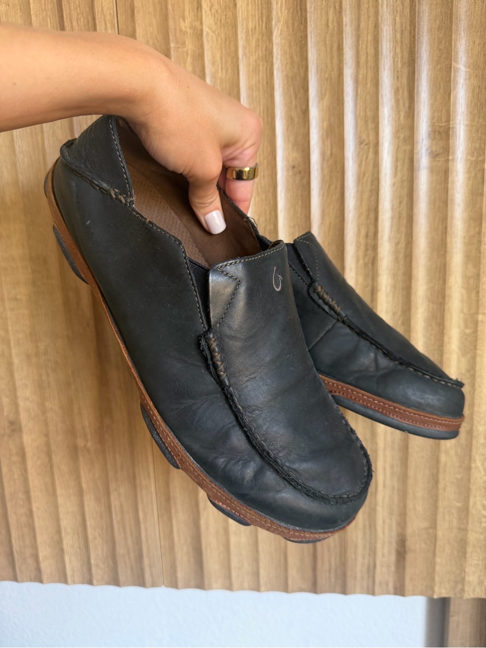 Olukai Moloa Loafers Mens Black Leather DropIn Heel Slip On Casual Shoes